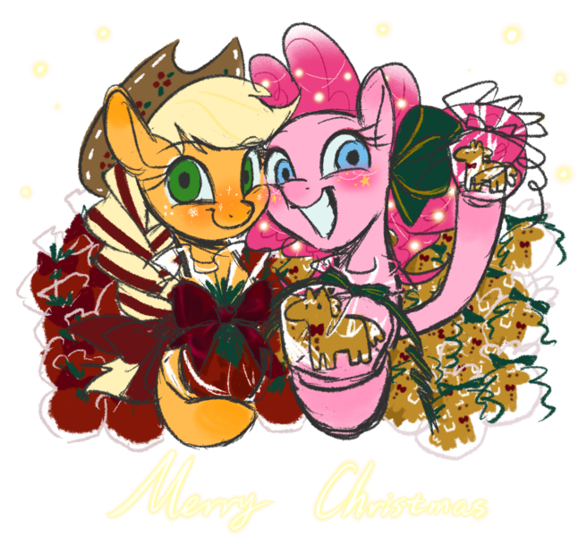 Size: 1215x1111 | Tagged: safe, artist:tttthunderbolt, derpibooru import, applejack, pinkie pie, earth pony, pony, blonde hair, christmas, female, grin, holiday, image, lesbian, orange coat, pink coat, pink hair, png, ship:applepie, shipping, simple background, smiling, transparent background