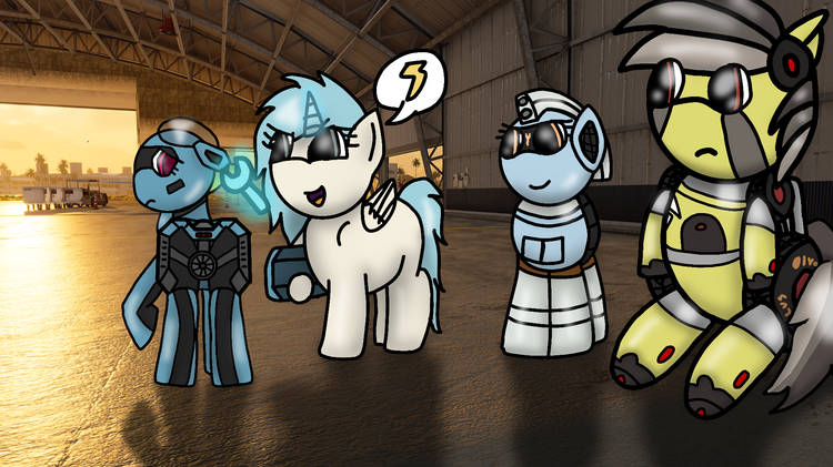 Size: 750x421 | Tagged: safe, artist:foxfer64_yt, derpibooru import, oc, oc:air razor (x1f), oc:nara (fl), oc:silverstream (robot pony), oc:thunder (gp.r 64000 robot pony), unofficial characters only, alicorn, original species, pony, concerned, confident, floppy ears, group, hangar, image, jpeg, looking at someone, mechanic, photo, talking, wrench