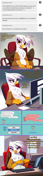 Size: 2000x8170 | Tagged: safe, ai content, artist:rupert, derpibooru import, machine learning assisted, machine learning generated, stable diffusion, gilda, gryphon, series:ask white belly gilda, ask, censored, censored vulgarity, chair, comic, computer, desk, dialogue, female, g4, generator:pony diffusion v6 xl, gilda is not amused, high res, image, jpeg, junk mail, keyboard, looking at you, monitor, mouse cursor, pale belly, plump, prompter:rupert, sarcasm, sitting, solo, trash can, tumblr, unamused, white belly