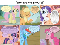 Size: 2160x1620 | Tagged: safe, derpibooru import, edit, edited screencap, screencap, applejack, fluttershy, pinkie pie, rainbow dash, rarity, twilight sparkle, earth pony, pegasus, pony, unicorn, abortion, caption, comic, dialogue, female, g4, image, mane six, mare, panels, png, politics, screencap comic, speech bubble, text