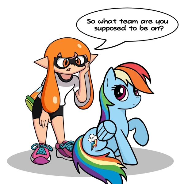 Size: 1080x1080 | Tagged: safe, artist:zodiacx10, derpibooru import, rainbow dash, inkling, crossover, drop shadow, frown, hand on face, image, ink, inkling girl, jpeg, looking at someone, simple background, sitting, speech bubble, splatoon