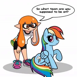 Size: 1080x1080 | Tagged: safe, artist:zodiacx10, derpibooru import, rainbow dash, inkling, crossover, drop shadow, frown, hand on face, image, ink, inkling girl, jpeg, looking at someone, simple background, sitting, speech bubble, splatoon