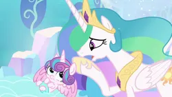 Size: 1000x563 | Tagged: safe, derpibooru import, edit, edited screencap, editor:incredibubbleirishguy, screencap, princess celestia, princess flurry heart, alicorn, pony, aunt and niece, baby, baby alicorn, baby pony, concave belly, crown, cute, diaper, diapered, duo, ethereal mane, eyelashes, eyes open, female, filly, flurrybetes, foal, folded wings, grandaunt and grandniece, head rub, hoof shoes, horn, image, indoors, jewelry, long horn, long mane, looking at each other, looking at someone, mare, peytral, png, princess, princess shoes, raised hoof, regalia, size difference, slender, thin, wings