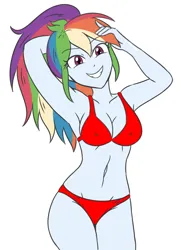 Size: 1480x2048 | Tagged: suggestive, artist:sumin6301, derpibooru import, edit, editor:mlplove, rainbow dash, human, equestria girls, 2d, arm behind head, armpits, belly button, bra, breasts, cameltoe, clothes, erect nipples, female, g4, gloves, image, looking at you, multicolored hair, nipple outline, nudity, panties, png, ponytail, rainbow hair, red bra, red panties, red underwear, simple background, smiling, smiling at you, socks, solo, striped bra, thigh highs, underwear, white background