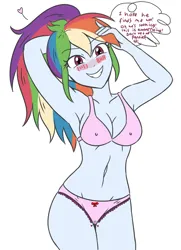 Size: 2960x4096 | Tagged: suggestive, artist:sumin6301, derpibooru import, edit, editor:mlplove, rainbow dash, human, equestria girls, 2d, arm behind head, armpits, aroused, belly button, blushing, bowtie, bowtie panties, bra, breasts, butt blush, cameltoe, clothes, embarrassed, embarrassed underwear exposure, erect nipples, eyebrows, eyebrows visible through hair, female, frills, frilly panties, frilly underwear, g4, heart, image, looking at you, multicolored hair, nipple outline, nudity, panties, pink panties, pink underwear, png, ponytail, rainbow hair, red bowtie, simple background, smiling, smiling at you, socks, solo, solo female, speech bubble, text, thigh highs, underwear, wet panties, wet underwear, white background
