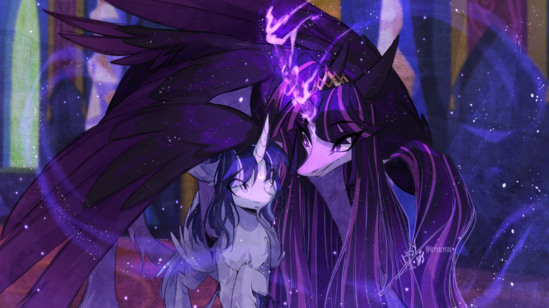 Size: 5174x2913 | Tagged: safe, artist:iheyyasyfox, derpibooru import, twilight sparkle, twilight sparkle (alicorn), oc, oc:stella alba nyx, alicorn, pony, absurd resolution, alternate design, duo, female, filly, foal, glow, glowing horn, high res, horn, image, large wings, looking at each other, looking at someone, magic, mare, mother and child, mother and daughter, new crown, offspring, parent:flash sentry, parent:twilight sparkle, parents:flashlight, png, starry wings, ultimate twilight, wing shelter, wings