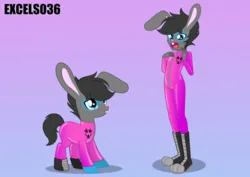 Size: 986x697 | Tagged: safe, artist:excelso36, derpibooru import, oc, oc:toxic plunge, unofficial characters only, human, pony, bunny ears, fetish, gradient background, human ponidox, humanized, hypnosis, hypnotized, image, jpeg, latex, latex suit, rubber, rubber suit, rubbing, self paradox, self ponidox