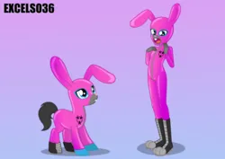 Size: 986x697 | Tagged: safe, artist:excelso36, derpibooru import, oc, oc:toxic plunge, unofficial characters only, human, pony, bunny ears, fetish, gradient background, human ponidox, humanized, image, jpeg, latex, latex suit, rubber, rubber suit, rubbing, self paradox, self ponidox