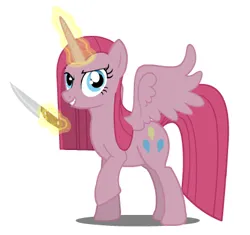 Size: 411x387 | Tagged: semi-grimdark, derpibooru import, pinkie pie, alicorn, alicornified, image, knife, magic, magic aura, pinkamena diane pie, pinkiecorn, png, race swap, xk-class end-of-the-world scenario