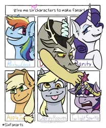Size: 1668x2018 | Tagged: safe, artist:theedgyduck, derpibooru import, applejack, derpy hooves, discord, rainbow dash, rarity, twilight sparkle, draconequus, earth pony, pegasus, pony, unicorn, six fanarts, :p, crown, discord being discord, element of magic, image, jewelry, png, reaching, regalia, tongue out