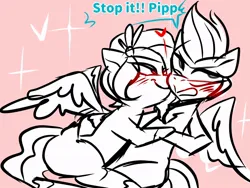 Size: 1024x768 | Tagged: safe, artist:altzuel_, derpibooru import, pipp petals, zipp storm, pegasus, pony, g5, blushing, dialogue, duo, duo female, embarrassed, female, holding hooves, hug, image, incest, jpeg, kiss on the cheek, kissing, lesbian, pippzipp, royal sisters (g5), shipping, siblings, sisters, sitting on lap, smiling, smirk