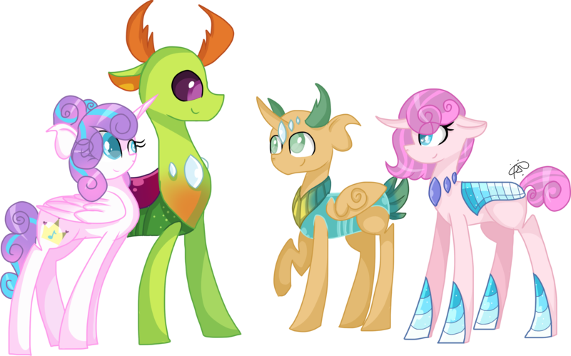 Size: 3190x1989 | Tagged: safe, artist:gallantserver, derpibooru import, princess flurry heart, thorax, oc, oc:crystalline, oc:dessa, changedling, changeling, changepony, hybrid, image, king thorax, offscreen character, older, parent:princess flurry heart, parent:thorax, png, simple background, transparent background