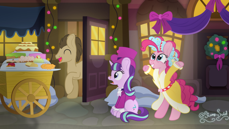 Size: 3840x2160 | Tagged: safe, artist:starry swirl, derpibooru import, doctor whooves, pinkie pie, snowfall frost, spirit of hearth's warming presents, starlight glimmer, time turner, earth pony, pony, unicorn, a hearth's warming tail, duo, female, g4, image, mare, png, scene interpretation, trio