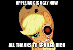 Size: 271x186 | Tagged: safe, derpibooru import, applejack, spoiled rich, black background, funny, image, impact font, jpeg, majestic as fuck, meme, simple background, smiling, text, ugly