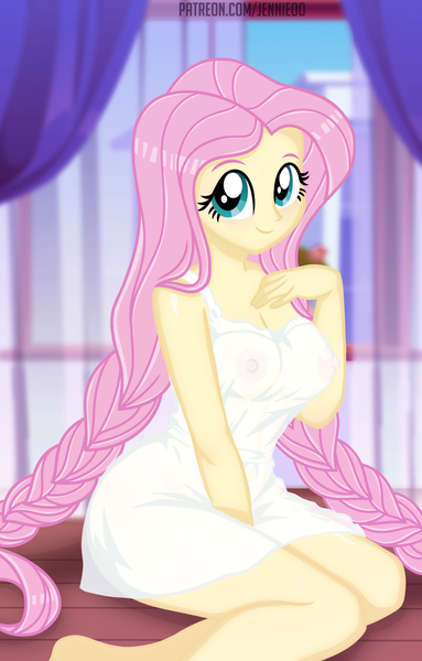 Size: 703x1100 | Tagged: questionable, alternate version, artist:jennieoo, derpibooru import, part of a set, fluttershy, human, equestria girls, advertisement, blurry background, braid, breasts, busty fluttershy, erect nipples, gumroad, image, looking at you, nipple outline, patreon, patreon preview, png, sexy, show accurate, show accurate porn, smiling, smiling at you, solo, stupid sexy fluttershy