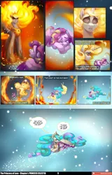 Size: 3541x5542 | Tagged: safe, artist:jewellier, artist:lummh, derpibooru import, daybreaker, princess cadance, princess celestia, alicorn, pegasus, pony, comic:the princess of love, absurd resolution, alternate hairstyle, alternate tailstyle, ascension realm, crown, dialogue, eyes closed, female, fiery mane, filly, fire, foal, frightened, g4, gritted teeth, hoof shoes, image, jewelry, lyrics, mare, pegasus cadance, peytral, pinpoint eyes, png, princess celestia's special princess making dimension, princess shoes, regalia, speech bubble, tail, teeth, text, transformation, wide eyes, young cadance, younger