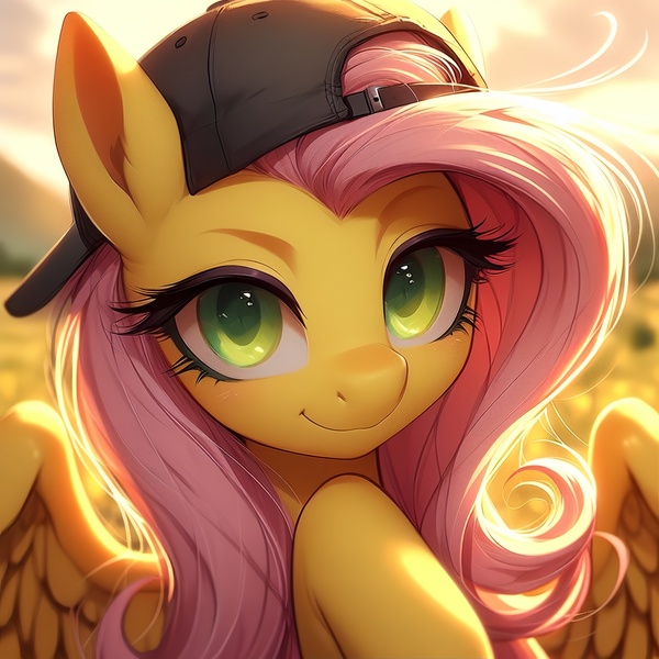 Size: 4096x4096 | Tagged: safe, ai content, derpibooru import, machine learning generated, prompter:enterusxrname, fluttershy, pegasus, absurd resolution, backwards ballcap, baseball cap, cap, g4, generator:bing image creator, hat, image, jpeg, looking at you, outdoors, raised hoof, smiling, solo, upscaled