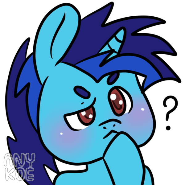 Size: 1024x1024 | Tagged: safe, artist:anykoe, derpibooru import, oc, oc:dial liyon, unicorn, blue hair, blue skin, brown eyes, emoji, emoticon, horn, image, png, question mark, simple background, thinking, thinking emoji, transparent background, unicorn oc, watermark
