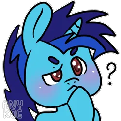 Size: 1024x1024 | Tagged: safe, artist:anykoe, derpibooru import, oc, oc:dial liyon, unicorn, blue hair, blue skin, brown eyes, emoji, emoticon, horn, image, png, question mark, simple background, thinking, thinking emoji, transparent background, unicorn oc, watermark