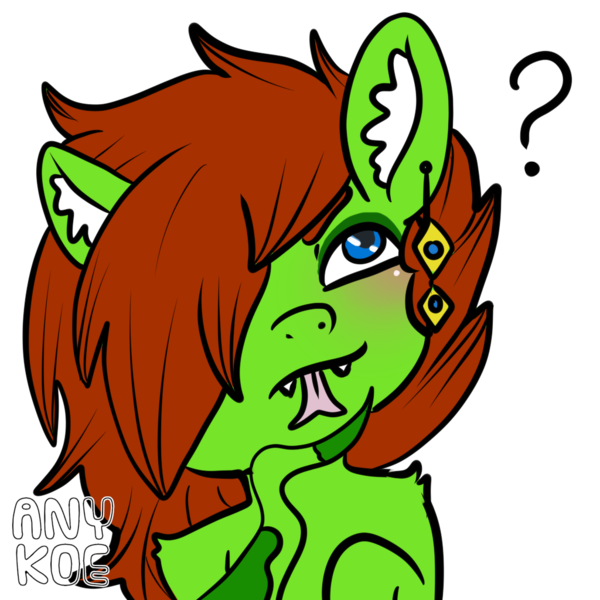 Size: 1024x1024 | Tagged: safe, artist:anykoe, derpibooru import, oc, oc:anguis flake, lamia, original species, blue eyes, ear fluff, ear piercing, earring, emoji, emoticon, green skin, image, jewelry, piercing, png, question mark, red hair, simple background, tail, tail hand, thinking, thinking emoji, tongue out, transparent background, watermark