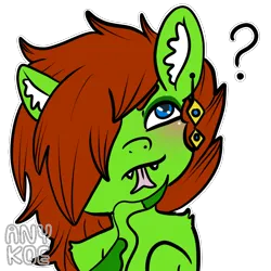 Size: 1024x1024 | Tagged: safe, artist:anykoe, derpibooru import, oc, oc:anguis flake, lamia, original species, blue eyes, ear fluff, ear piercing, earring, emoji, emoticon, green skin, image, jewelry, piercing, png, question mark, red hair, simple background, tail, tail hand, thinking, thinking emoji, tongue out, transparent background, watermark