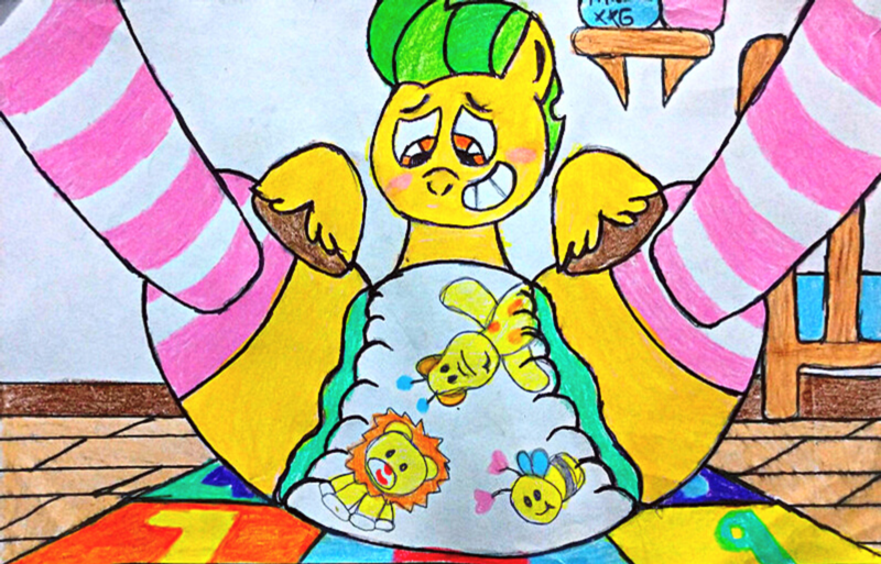 Size: 3193x2046 | Tagged: suggestive, artist:bitter sweetness, derpibooru import, hitch trailblazer, earth pony, pony, g5, my little pony: a new generation, my little pony: make your mark, my little pony: tell your tale, abdl, adult foal, clothes, crib, decorated diaper, diaper, diaper fetish, fetish, grin, image, looking at you, male, non-baby in diaper, orange eyes, playmat, png, smiling, socks, stallion, striped socks, traditional art, wooden floor