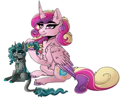 Size: 1250x1000 | Tagged: safe, artist:mr-snack, derpibooru import, princess cadance, oc, oc:aurora, changepony, hybrid, image, interspecies offspring, offspring, parent:queen chrysalis, parent:shining armor, parents:shining chrysalis, png, simple background, transparent background