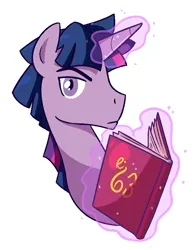 Size: 614x788 | Tagged: safe, artist:cookieboy011, derpibooru import, twilight sparkle, pony, unicorn, book, dusk shine, image, looking at you, magic, magic aura, male, png, rule 63, simple background, solo, white background