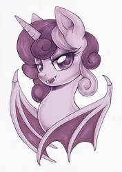 Size: 2016x2851 | Tagged: safe, artist:ailish, derpibooru import, oc, oc:cinnamon music, unofficial characters only, alicorn, undead, vampire, vampony, bat wings, bust, commission, derpibooru exclusive, ears, fangs, horn, image, monochrome, png, solo, wings, ych result