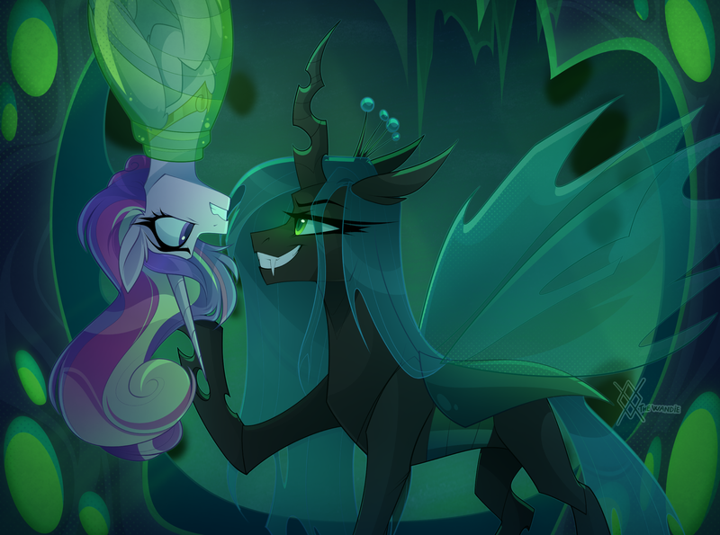 Size: 2400x1785 | Tagged: safe, artist:thewandie, derpibooru import, princess cadance, queen chrysalis, alicorn, changeling, changeling queen, pony, changeling hive, cocoon, commission, crown, duo, duo female, evil grin, eyeshadow, fangs, female, g4, grin, gritted teeth, hive, image, jewelry, looking at each other, looking at someone, makeup, mare, png, raised hoof, regalia, scared, smiling, teeth, upside down, ych result