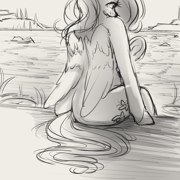 Size: 4000x4000 | Tagged: safe, artist:miokomata, derpibooru import, fluttershy, pegasus, pony, butt, female, flutterbutt, grayscale, image, jpeg, lake, mare, monochrome, rear view, sitting, solo, water