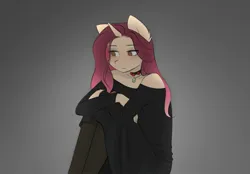 Size: 2027x1409 | Tagged: safe, artist:katputze, derpibooru import, oc, oc:crimson sunset, unofficial characters only, anthro, pony, unicorn, choker, clothes, dress, eye clipping through hair, eyebrows, eyebrows visible through hair, female, image, jewelry, jpeg, mare, necklace, off shoulder, solo