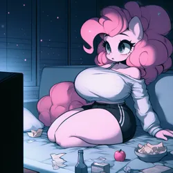Size: 1024x1024 | Tagged: safe, ai content, derpibooru import, machine learning generated, pinkie pie, anthro, earth pony, adorasexy, apple, bare shoulders, big breasts, blank expression, bottle, bra, bra strap, breasts, busty pinkie pie, clothes, couch, curvy, cute, dark room, empty eyes, female, food, g4, huge breasts, image, implied transformation, implied transgender transformation, messy, midriff, png, prompter:horselover fat, sexy, shorts, shoulderless, sitting, solo, story in the source, story included, stupid sexy pinkie, television, underwear, watching tv, white shirt