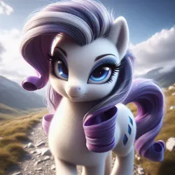 Size: 1024x1024 | Tagged: safe, ai content, machine learning generated, ponerpics import, ponybooru import, rarity, earth pony, pony, bing, earth pony rarity, female, fluffy, image, jpeg, looking at you, mare, missing horn, race swap, solo, trail