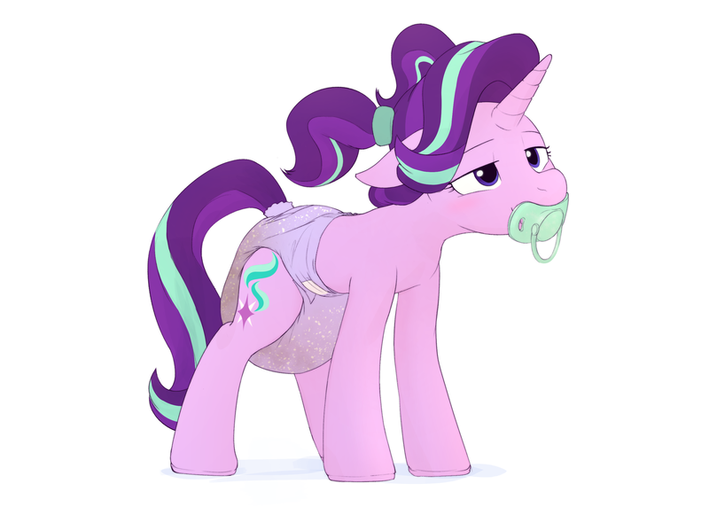 Size: 2981x2133 | Tagged: questionable, artist:edrian, derpibooru import, starlight glimmer, pony, unicorn, diaper, diaper fetish, female, fetish, g4, image, messing, messy diaper, pacifier, pigtails, png, poop, solo, solo female, used diaper