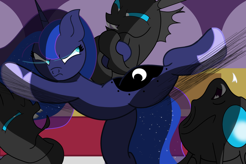 Size: 2220x1480 | Tagged: safe, artist:the lunar archer, derpibooru import, princess luna, changeling, pony, a canterlot wedding, angry, badass, broken teeth, clothes, female, fight, g4, grin, image, kicking, mare, png, shoes, smiling, tooth