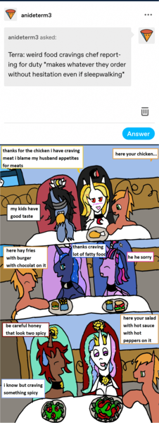 Size: 1171x3103 | Tagged: safe, derpibooru import, princess celestia, princess luna, twilight sparkle, twilight sparkle (alicorn), oc, alicorn, dracony, dragon, earth pony, hybrid, pony, undead, unicorn, vampire, ask, food, image, png, pregnant, tumblr