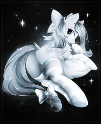 Size: 2641x3240 | Tagged: safe, alternate version, artist:koveliana, derpibooru import, oc, oc:bay breeze, unofficial characters only, pegasus, pony, bow, butt, clothes, cute, derpibooru exclusive, female, hair bow, heart, heart eyes, image, jpeg, looking at you, looking back, looking back at you, mare, monochrome, pegasus oc, pillow, presenting, socks, solo, striped socks, tail, tail bow, wingding eyes, wings