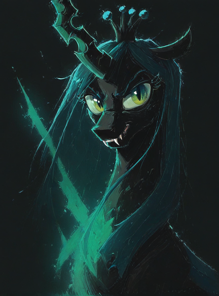 Size: 864x1168 | Tagged: safe, ai content, derpibooru import, machine learning generated, stable diffusion, queen chrysalis, changeling, changeling queen, g4, fangs, female, generator:pony diffusion v6 xl, generator:purplesmart.ai, green eyes, image, png, prompter:craft, smiling, smirk, solo