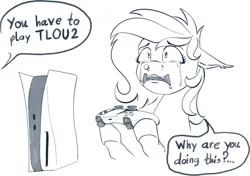 Size: 1118x788 | Tagged: safe, derpibooru import, bat pony, controller, crying, dualshock controller, image, monochrome, offscreen character, playstation, playstation 5, png, random pony, speech bubble, the last of us 2