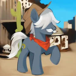 Size: 4096x4096 | Tagged: safe, ai content, artist:catachromatic, derpibooru import, machine learning assisted, machine learning generated, stable diffusion, earth pony, pony, my little pony: pony life, spoiler:pony life s02e10, bandana, cactus, cowboy hat, g4, g4.5 to g4, generation leap, generator:pony diffusion v6 xl, generator:purplesmart.ai, hair covering face, hat, image, male, outdoors, png, raised hoof, saddle bags, solo, stallion, the great cowgirl hat robbery