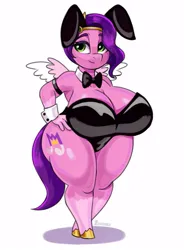 Size: 735x1000 | Tagged: suggestive, alternate version, artist:zendora, pipp petals, anthro, pegasus, unguligrade anthro, g5, areola, big breasts, bowtie, breasts, bunny ears, bunny suit, clothes, cuffs (clothes), cutie mark, eyebrows, female, hand on hip, hoof shoes, huge breasts, image, jpeg, looking sideways, playboy bunny, simple background, smiling, solo, thick, thighs, thunder thighs, underwear, white background, wide hips, wings