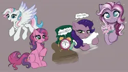 Size: 3840x2160 | Tagged: safe, artist:confetticakez, derpibooru import, kimono, skywishes, star catcher, wysteria, earth pony, pegasus, pony, unicorn, g3, alarm clock, annoyed, bed, brown background, clock, female, flower, image, jpeg, looking at you, mare, on bed, simple background, sitting, smiling, smiling at you, spread wings, thought bubble, wings