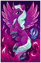 Size: 2650x4096 | Tagged: safe, artist:confetticakez, derpibooru import, alicorn, pony, g5, commission, female, fire, image, jpeg, looking at you, mare, opaline arcana, smiling, smiling at you, solo, spread wings, wings, wip