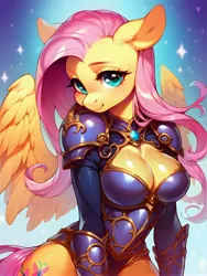 Size: 3072x4096 | Tagged: suggestive, ai content, derpibooru import, machine learning generated, stable diffusion, fluttershy, anthro, pegasus, armor, beautiful, beautisexy, belly button, big breasts, breasts, busty fluttershy, cleavage, female, g4, generator:pony diffusion v6 xl, high res, image, jpeg, looking at you, nudity, prompter:xydo, smiling, solo, solo female, stupid sexy fluttershy, unconvincing armor, wings