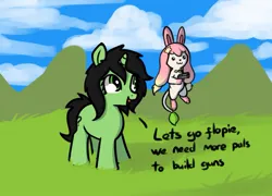 Size: 923x663 | Tagged: safe, artist:neuro, derpibooru import, oc, oc:anonfilly, unofficial characters only, pony, unicorn, crossover, duo, female, filly, flopie, grass, grass field, gun, handgun, image, jpeg, open mouth, open smile, palworld, pistol, smiling, solo, weapon