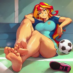 Size: 4096x4096 | Tagged: suggestive, ai content, derpibooru import, machine learning generated, prompter:cheeses, stable diffusion, sunset shimmer, human, equestria girls, ball, big breasts, breasts, busty sunset shimmer, clothes, feet, female, fetish, foot fetish, generator:purplesmart.ai, image, jpeg, looking at each other, looking at someone, partial nudity, smiling, smiling at each other, smug, soccer uniform, solo, solo female, sports outfit, sweat, sweaty feet, topless