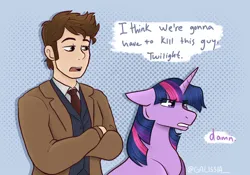 Size: 2048x1435 | Tagged: safe, artist:galissiax, derpibooru import, twilight sparkle, human, pony, unicorn, crossover, dialogue, doctor who, female, i think we're gonna have to kill this guy, image, jpeg, mare, meme, tenth doctor, unicorn twilight