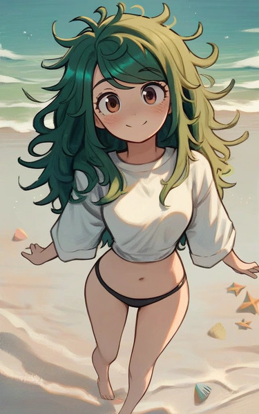 Size: 640x1024 | Tagged: safe, ai content, derpibooru import, editor:sammykun, machine learning generated, stable diffusion, wallflower blush, human, beach, belly button, bikini, bikini bottom, breasts, busty wallflower blush, clothes, cute, female, flowerbetes, g4, generator:purplesmart.ai, high angle, humanized, image, jpeg, long hair, looking at you, looking up, looking up at you, messy hair, midriff, ocean, prompter:sammykun, sand, smiling, swimsuit, water, white shirt