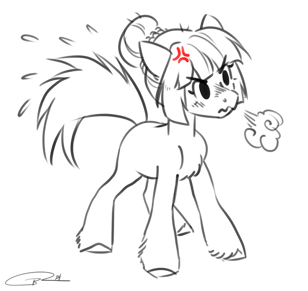 Size: 1998x1892 | Tagged: safe, artist:opalacorn, derpibooru import, oc, unofficial characters only, earth pony, pony, angry, behaving like a cat, breath, chest fluff, commission, cross-popping veins, emanata, female, floppy ears, frown, furrowed brow, grayscale, image, jpeg, mare, monochrome, partial color, simple background, solo, wavy mouth, white background